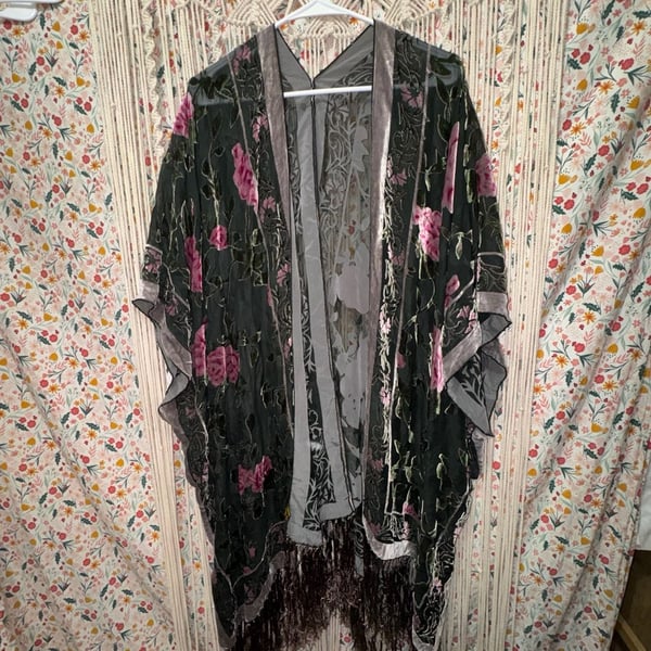 ETHOS Velvet Burnout Rose Kimono Duster Fringe Boho Floral Sheer One Size