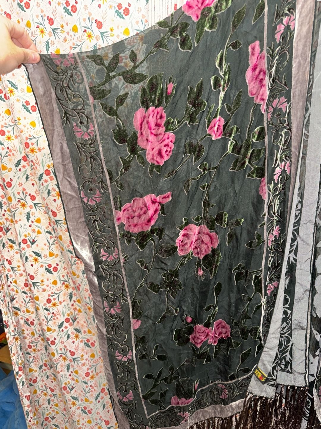 ETHOS Velvet Burnout Rose Kimono Duster Fringe Boho Floral Sheer One Size 5
