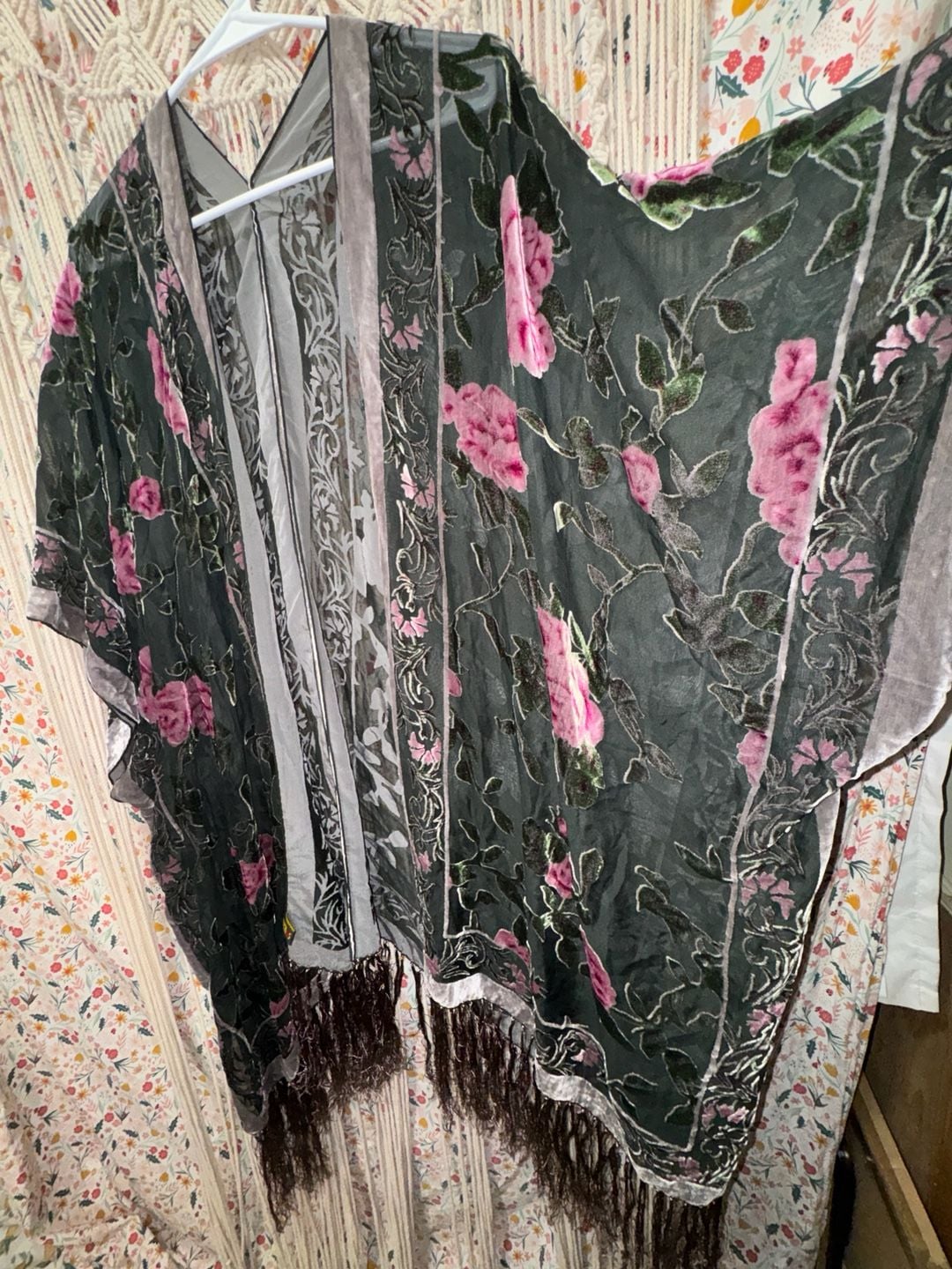 ETHOS Velvet Burnout Rose Kimono Duster Fringe Boho Floral Sheer One Size 6