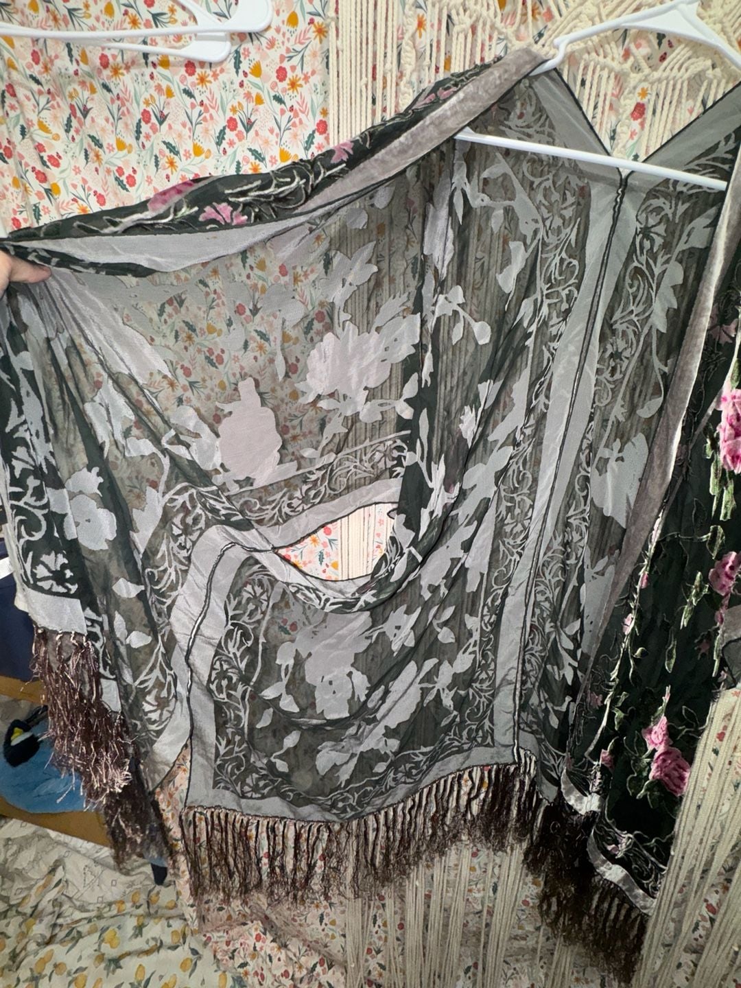 ETHOS Velvet Burnout Rose Kimono Duster Fringe Boho Floral Sheer One Size 7