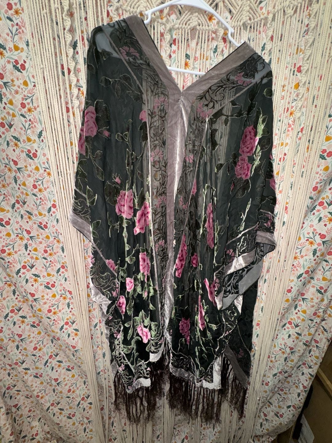 ETHOS Velvet Burnout Rose Kimono Duster Fringe Boho Floral Sheer One Size 9