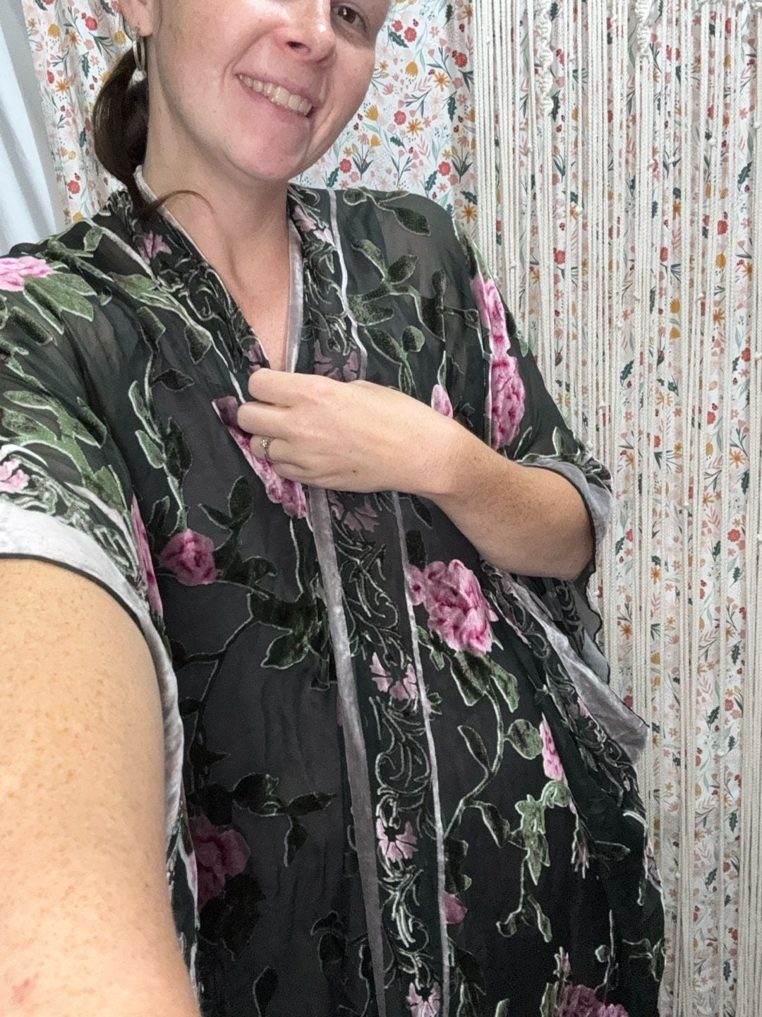ETHOS Velvet Burnout Rose Kimono Duster Fringe Boho Floral Sheer One Size 12