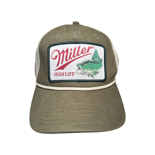 Miller High Life Bass Fish Patch Trucker Snapback Hat Olive Green Rope