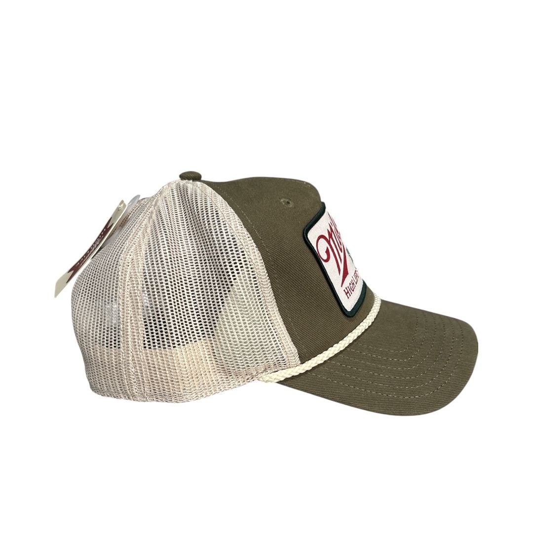 Miller High Life Bass Fish Patch Trucker Snapback Hat Olive Green Rope 3