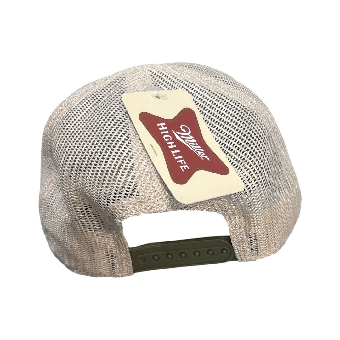 Miller High Life Bass Fish Patch Trucker Snapback Hat Olive Green Rope 4