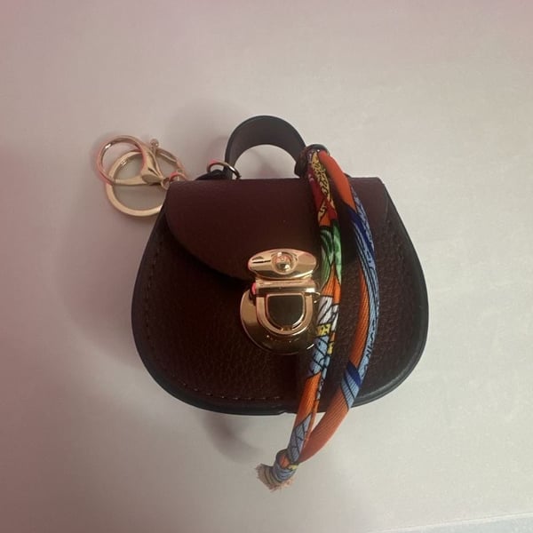 Brown Mini Saddlebag Bag Charm Keychain with Scarf