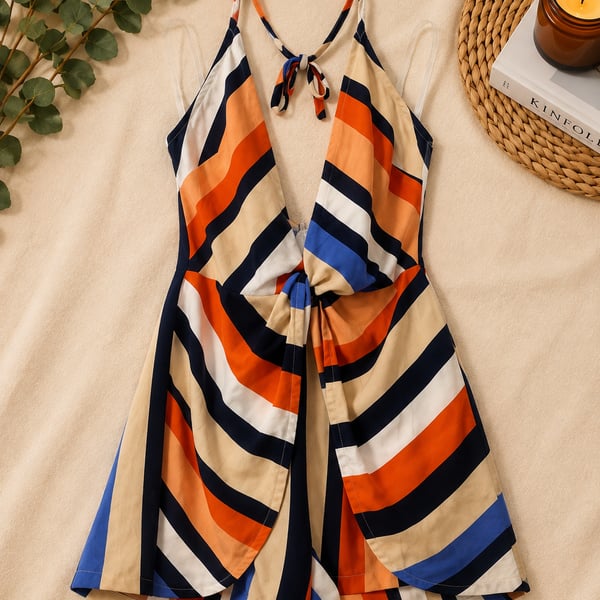 PrettyLittleThing White Stripe Print Knot Front Halterneck Playsuit