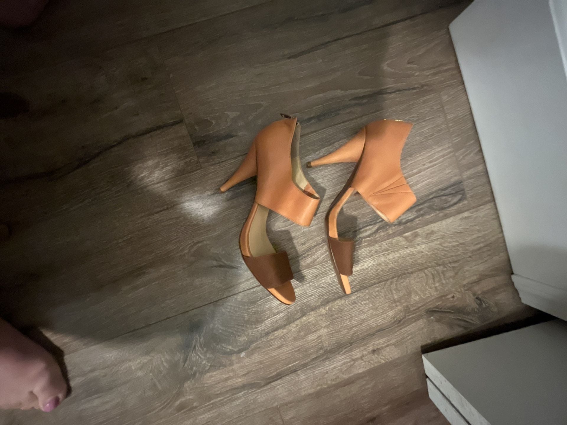 J.Crew Tan Leather High Heel Zip Back Open Toe Sandals 4