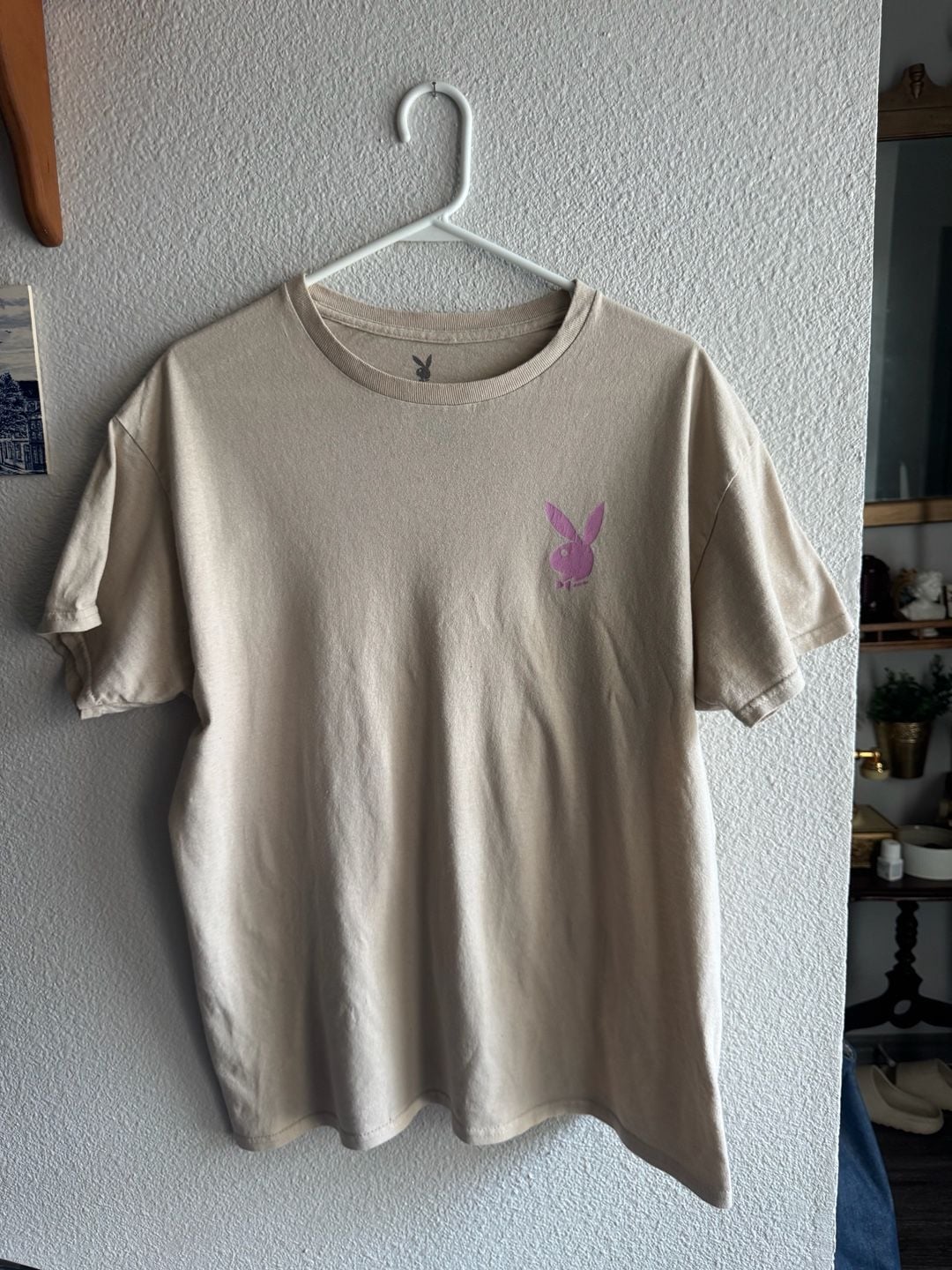 Playboy Beige T-Shirt with Pink Bunny Logo and Back Script Size L 2
