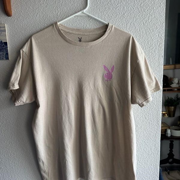 Playboy Beige T-Shirt with Pink Bunny Logo and Back Script Size L
