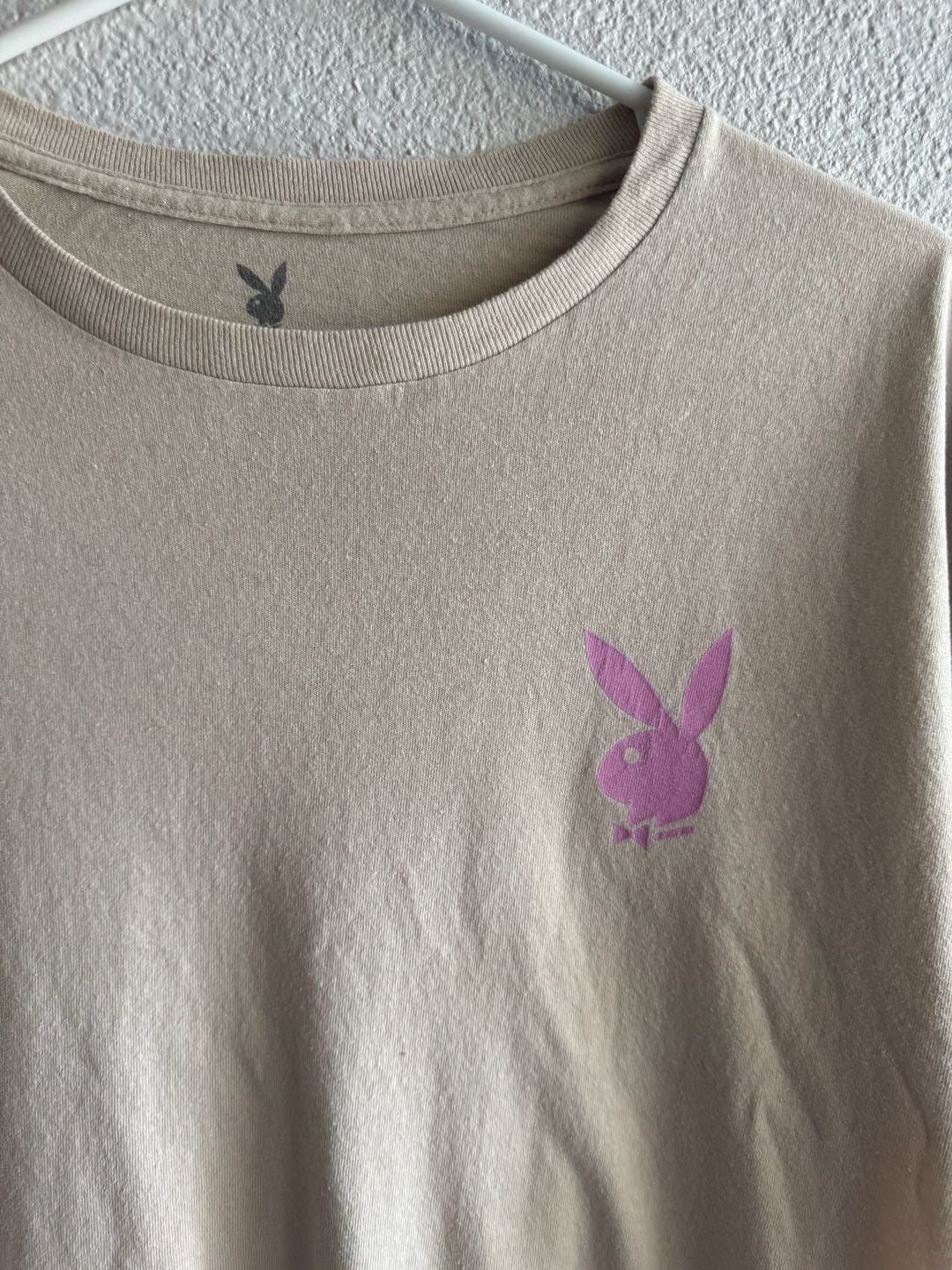Playboy Beige T-Shirt with Pink Bunny Logo and Back Script Size L 3