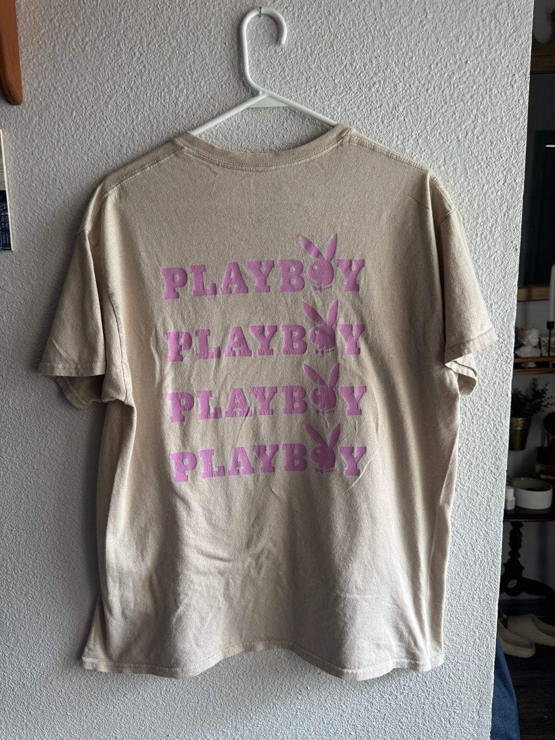 Playboy Beige T-Shirt with Pink Bunny Logo and Back Script Size L 4