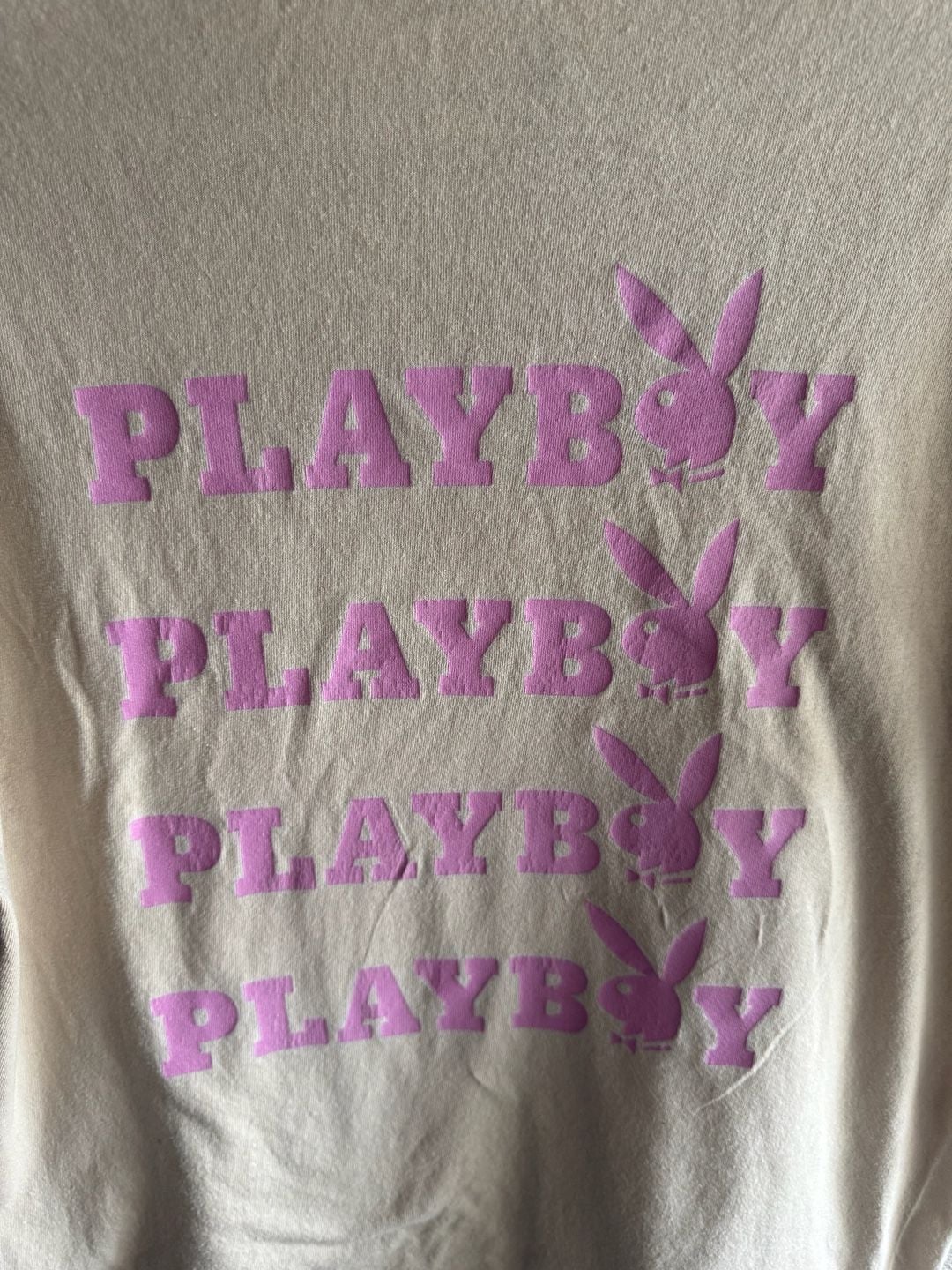 Playboy Beige T-Shirt with Pink Bunny Logo and Back Script Size L 5