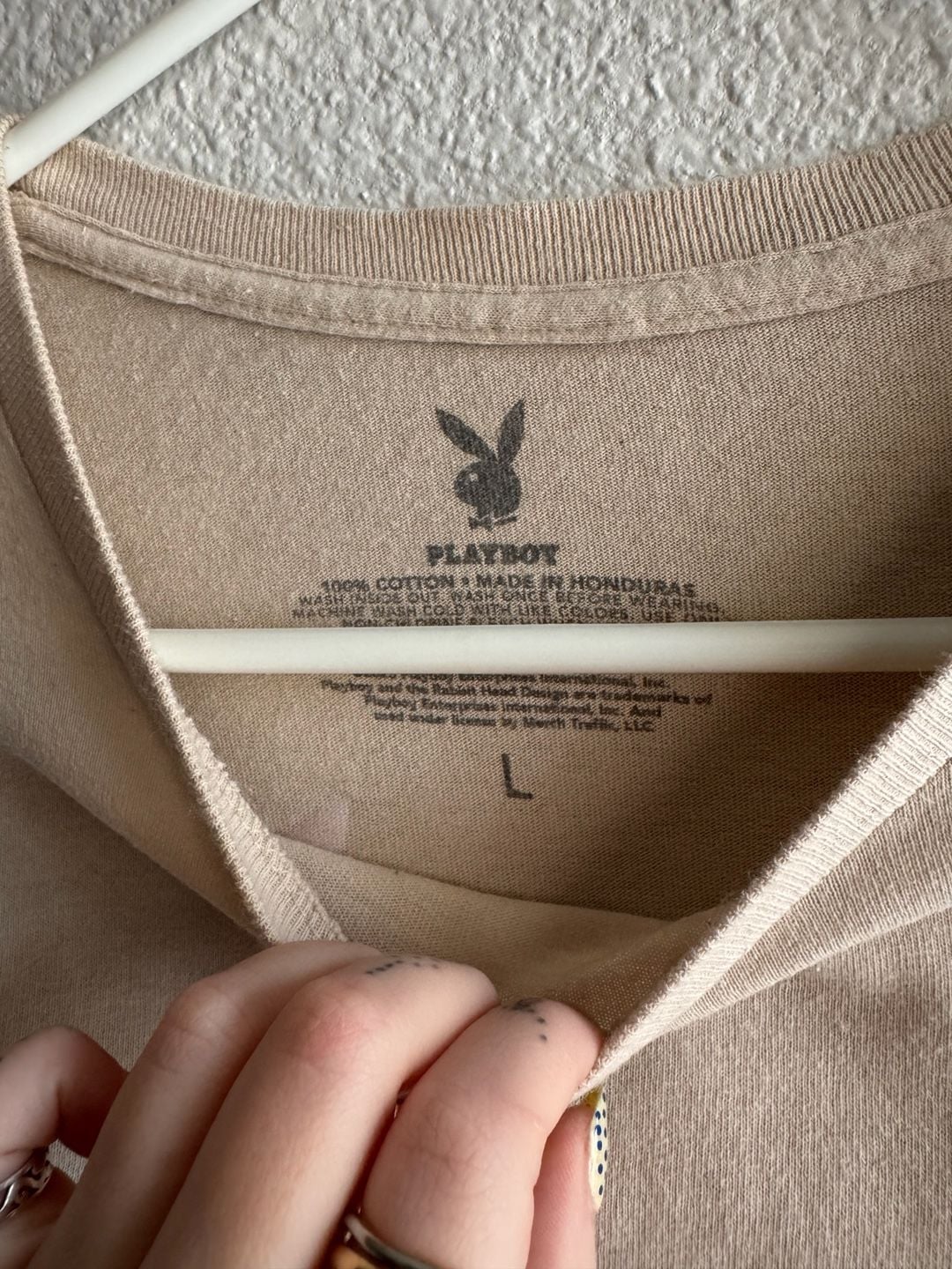 Playboy Beige T-Shirt with Pink Bunny Logo and Back Script Size L 6