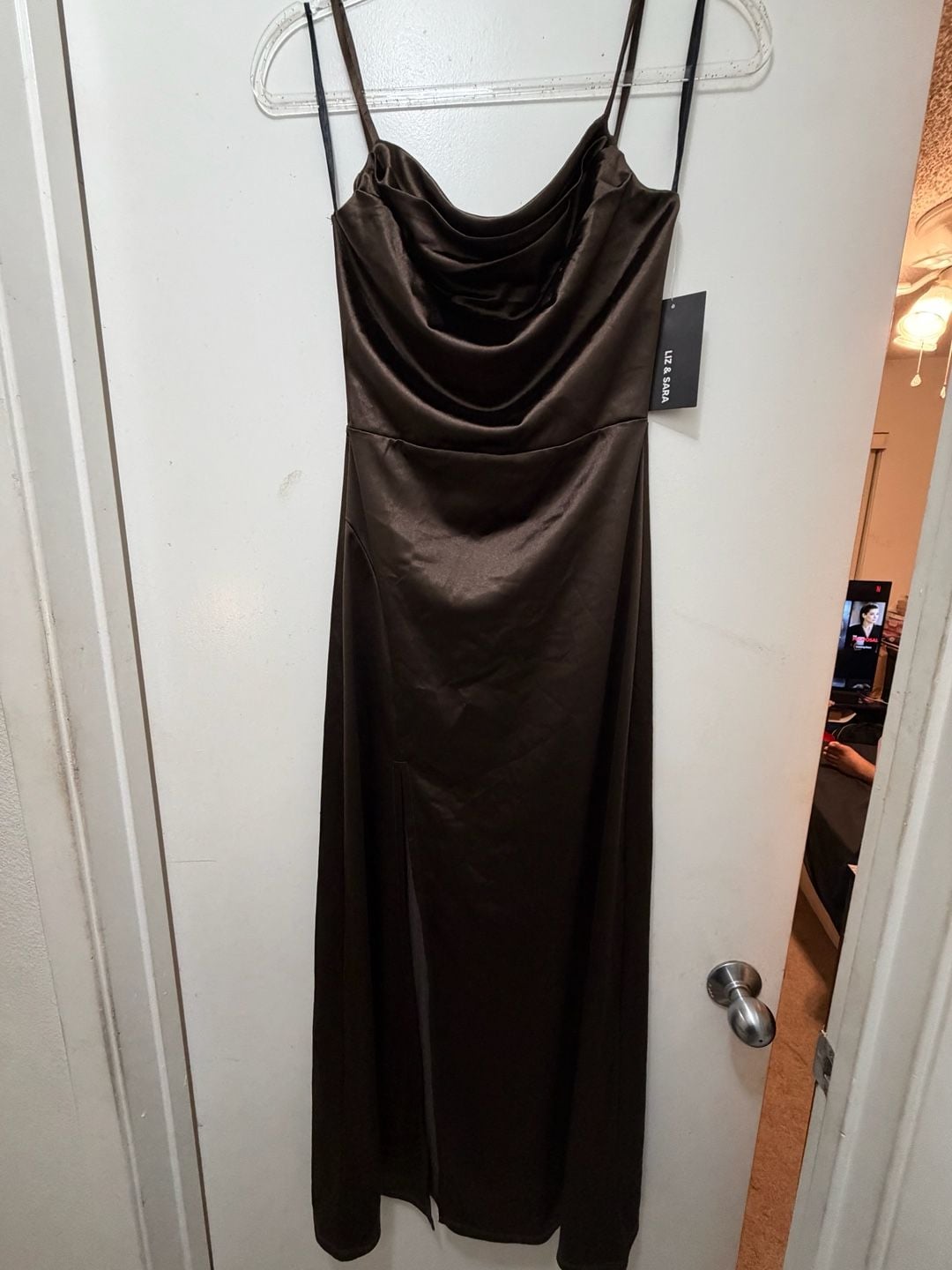 Liz & Sara Brown Satin Cowl Neck Spaghetti Strap Maxi Dress with Slit and Strappy Back 2
