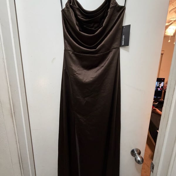 Liz & Sara Brown Satin Cowl Neck Spaghetti Strap Maxi Dress with Slit and Strappy Back