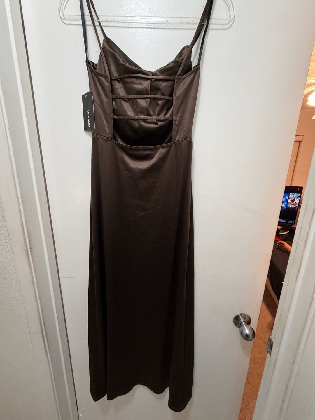 Liz & Sara Brown Satin Cowl Neck Spaghetti Strap Maxi Dress with Slit and Strappy Back 3