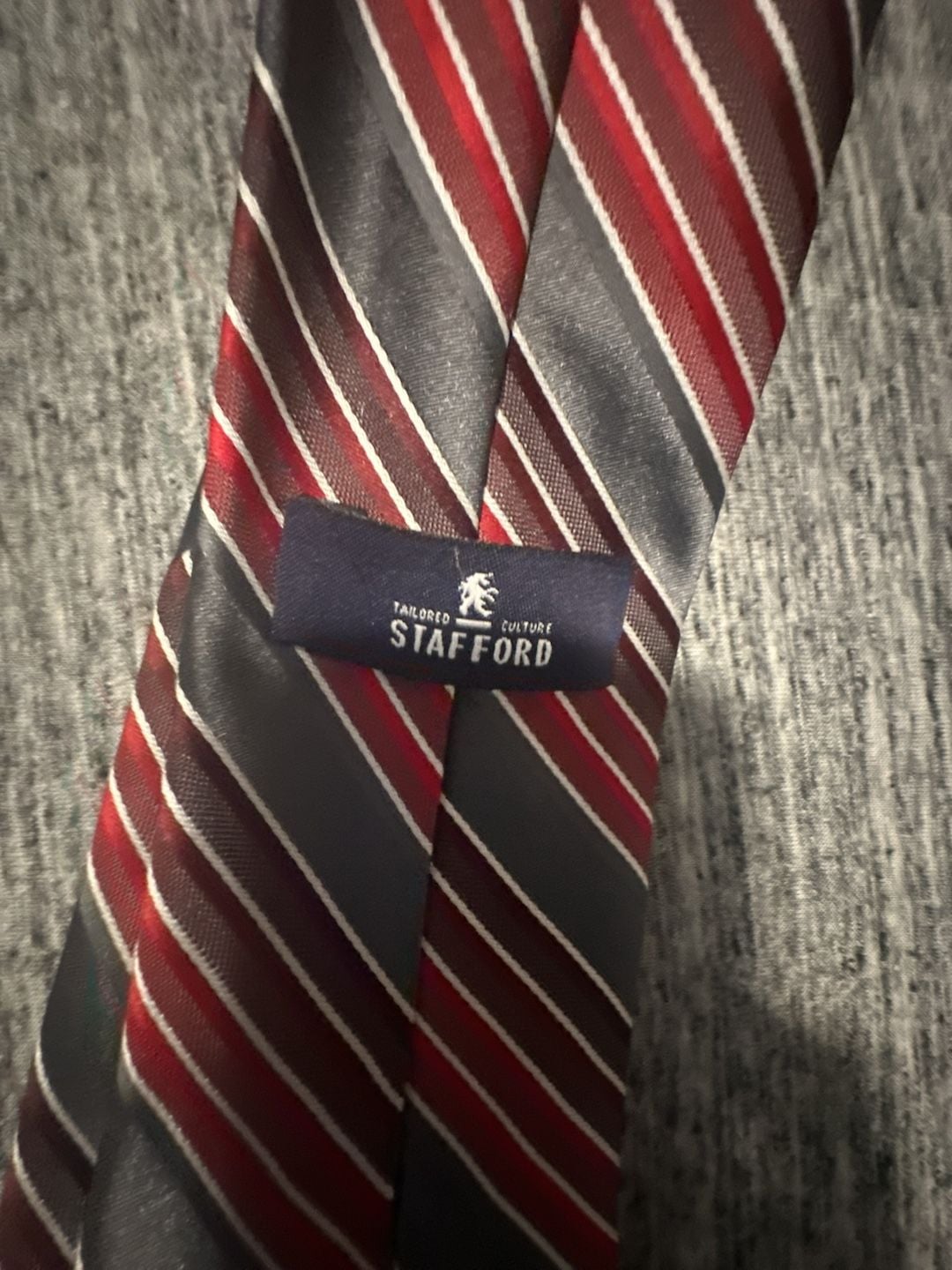 Stafford Tailored Culture Men's Red, Gray, and White Striped Polyester Necktie 3