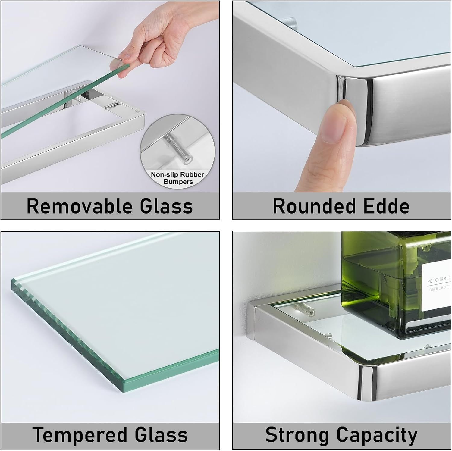 Wall-Mounted Glass Shelf Stainless Steel Frame, 19.68" x 5.28" 7