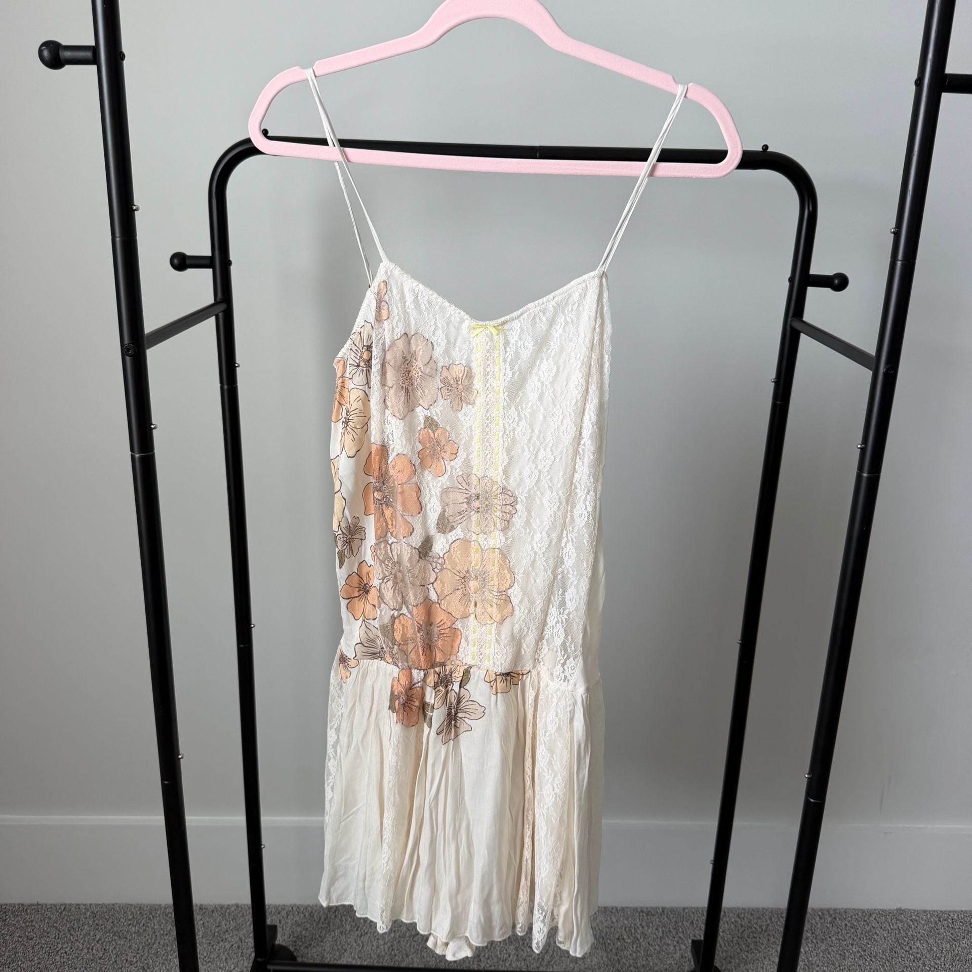 Free People Floral Printed Lace Slip Dress Sandy Tan Combo Size XL 2