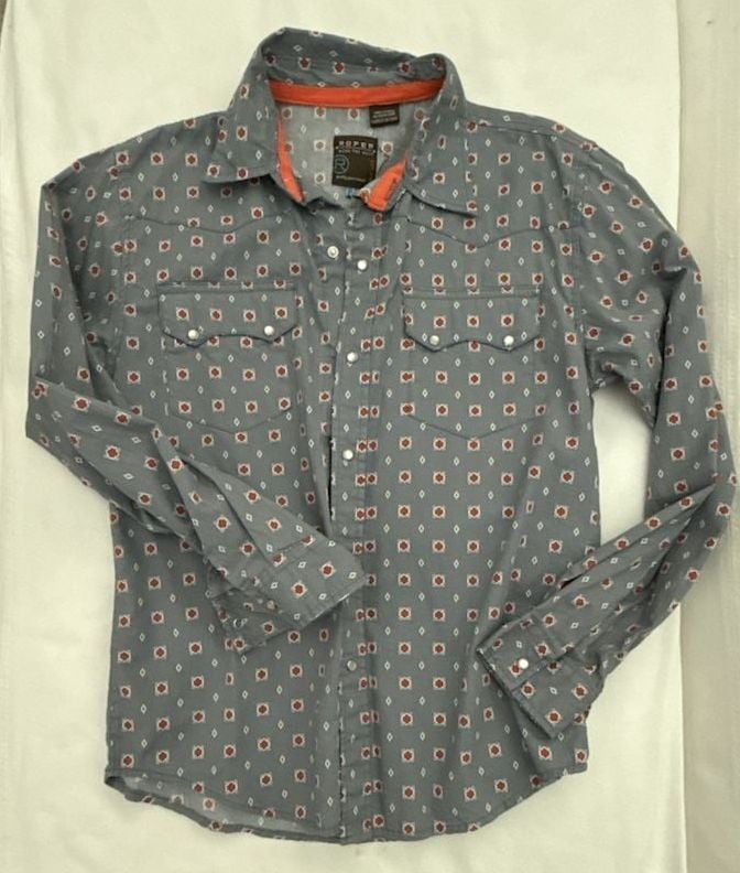 Roper Long Sleeve Geo Print Western Pearl Snap Shirt Size L Boy 12-14 2