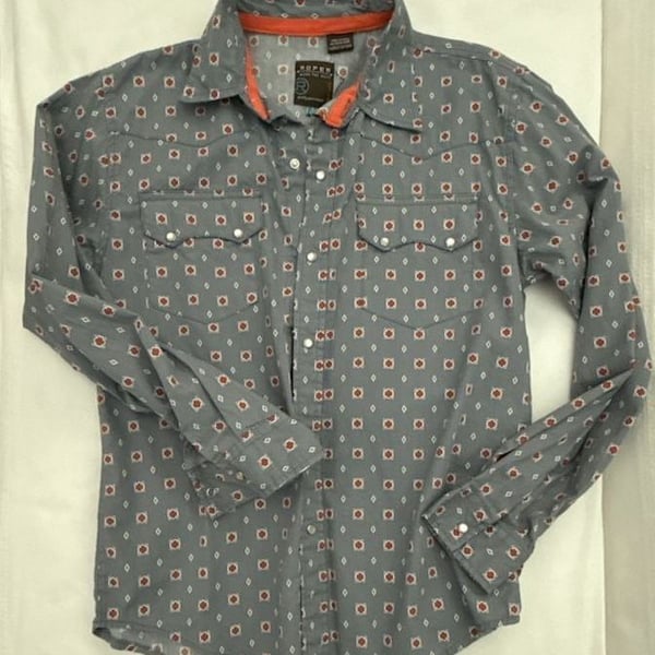 Roper Long Sleeve Geo Print Western Pearl Snap Shirt Size L Boy 12-14