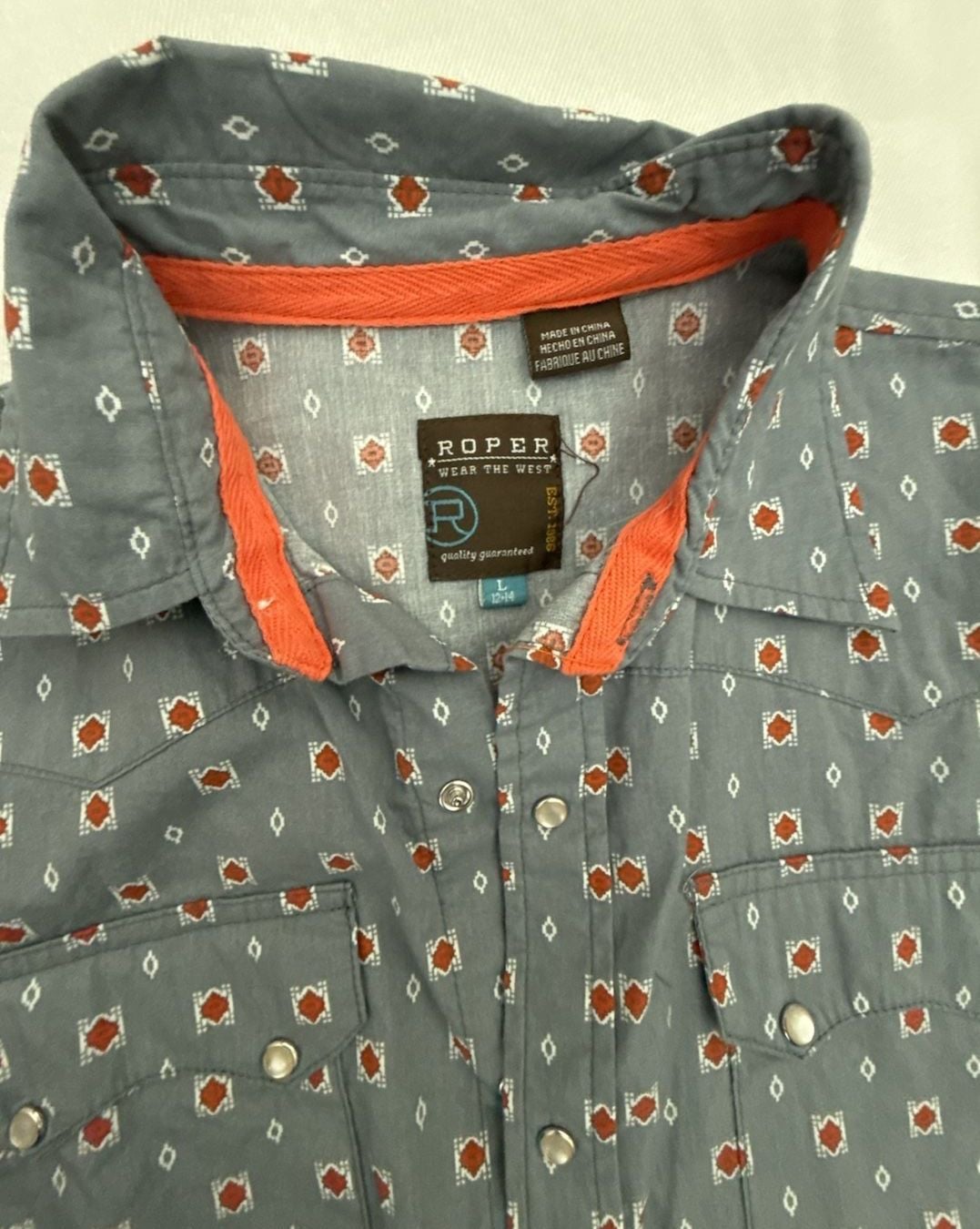 Roper Long Sleeve Geo Print Western Pearl Snap Shirt Size L Boy 12-14 3