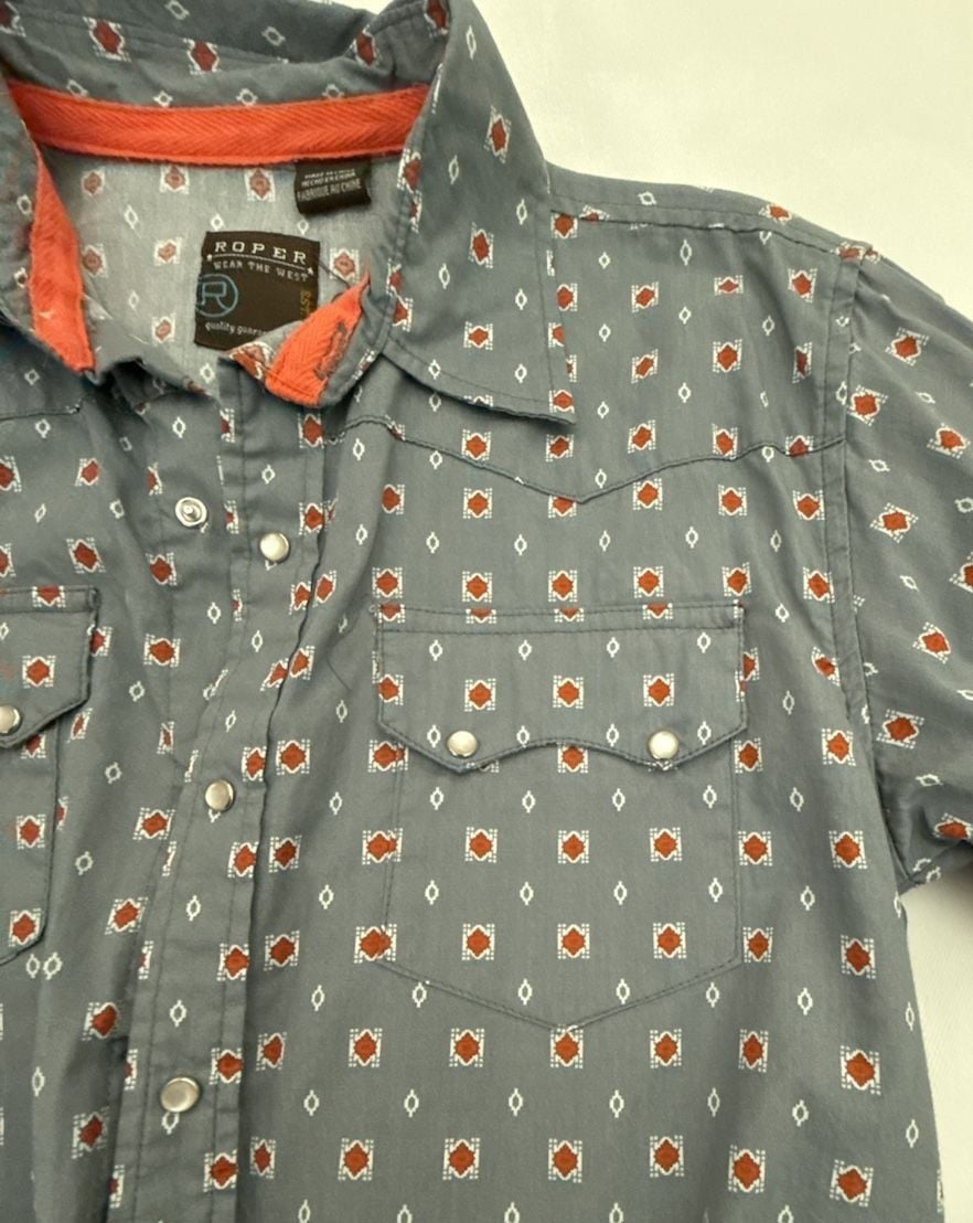 Roper Long Sleeve Geo Print Western Pearl Snap Shirt Size L Boy 12-14 4