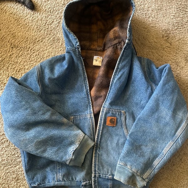 Vintage Carhartt J08DST Denim Active Jacket Blanket Lined Hooded Large Regular