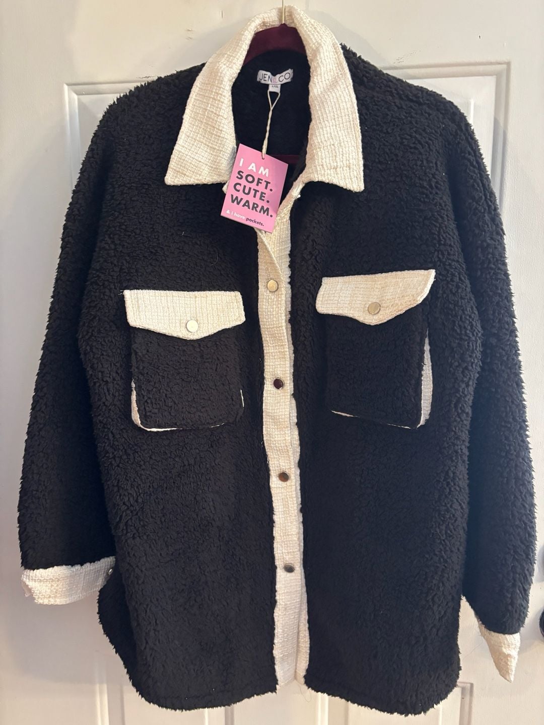 Jen & Co Black Sherpa Tweed Shacket Jacket L/XL 2