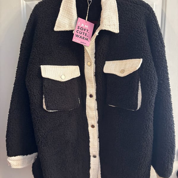 Jen & Co Black Sherpa Tweed Shacket Jacket L/XL