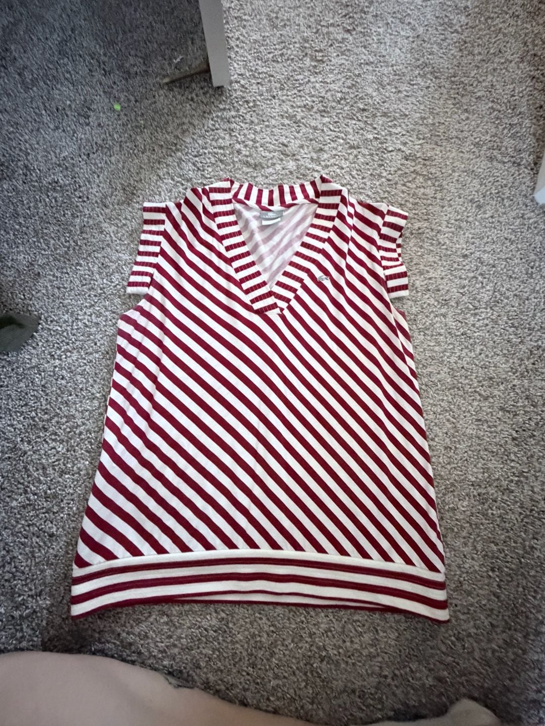 Lacoste Red and White Diagonal Striped V-Neck Cap Sleeve Top Size 46 2