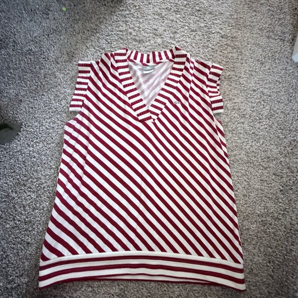 Lacoste Red and White Diagonal Striped V-Neck Cap Sleeve Top Size 46