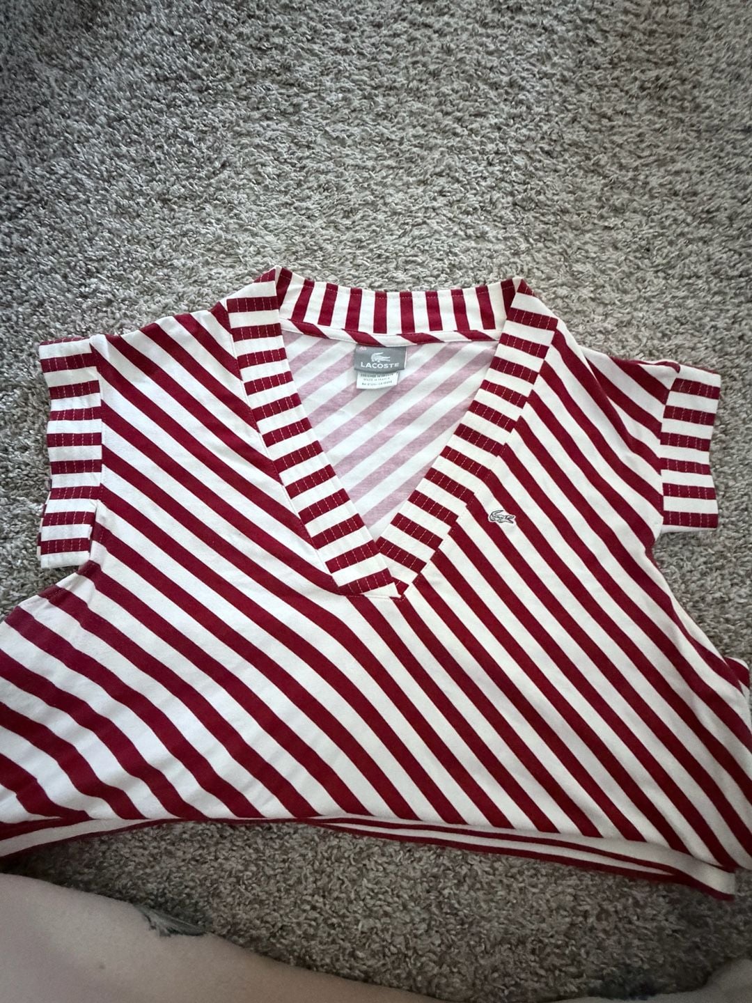 Lacoste Red and White Diagonal Striped V-Neck Cap Sleeve Top Size 46 3