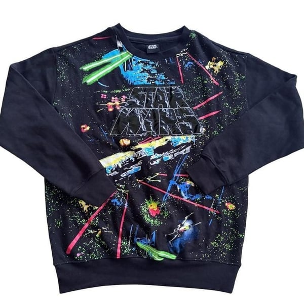 Star Wars Death Star Attack Galaxy Graphic Print Black Crewneck Sweatshirt XS