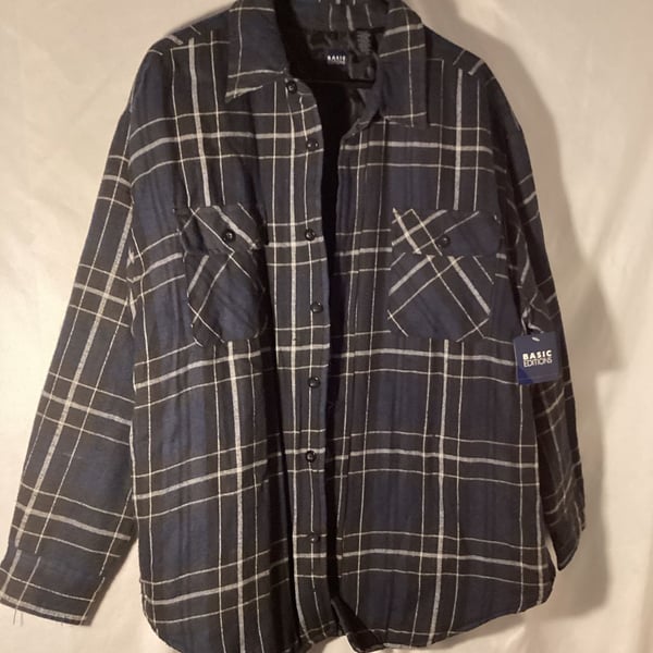 Basic Editions Quilt Lined Flannel Shirt Jacket Navy Gray Plaid Medium