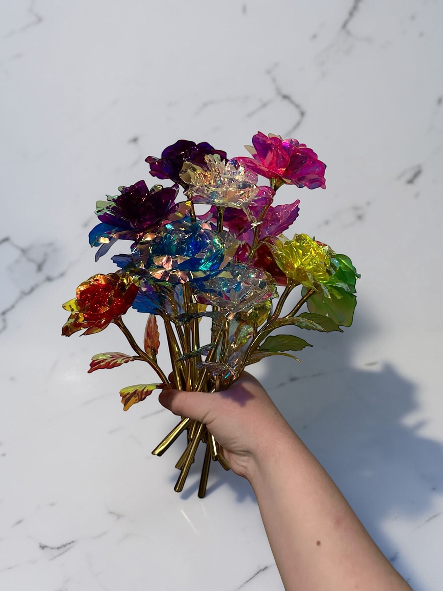 Galaxy Rose Artificial Flowers Bouquet Iridescent Crystal Roses with Gold Stems 1