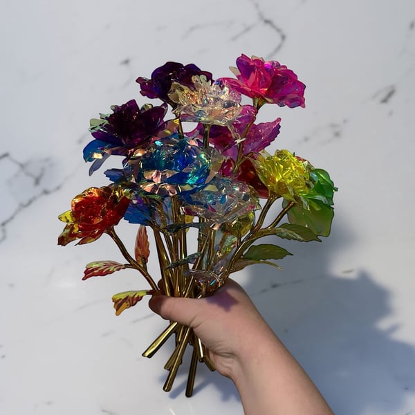 Galaxy Rose Artificial Flowers Bouquet Iridescent Crystal Roses with Gold Stems