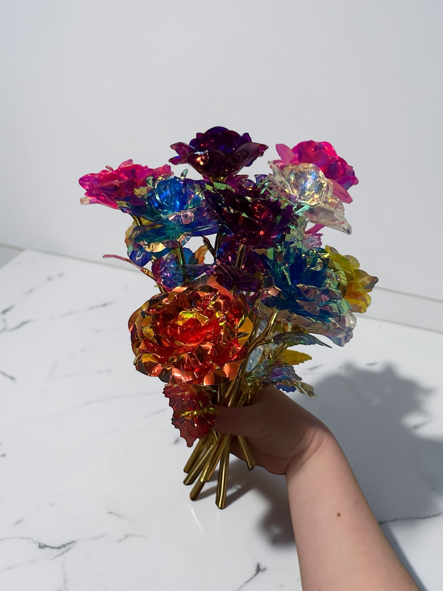 Galaxy Rose Artificial Flowers Bouquet Iridescent Crystal Roses with Gold Stems 3