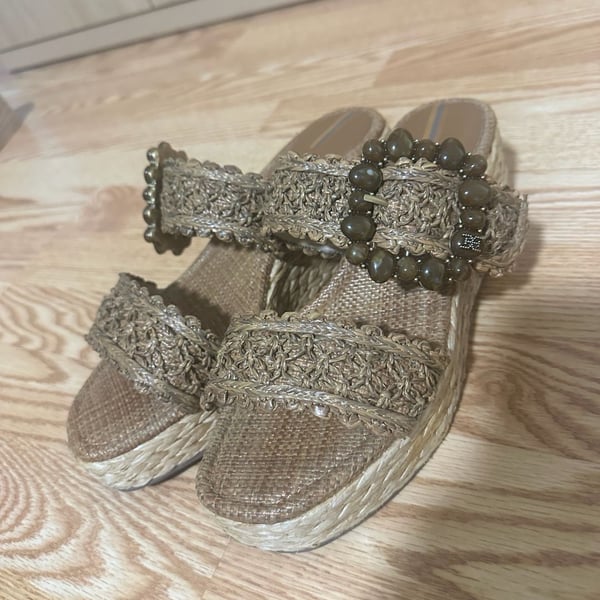 Sam Edelman Cadance Cuoio Raffia Open Toe Embellished Wedge Heeled Sandals (Cuoio Raffia, 11) - .com,