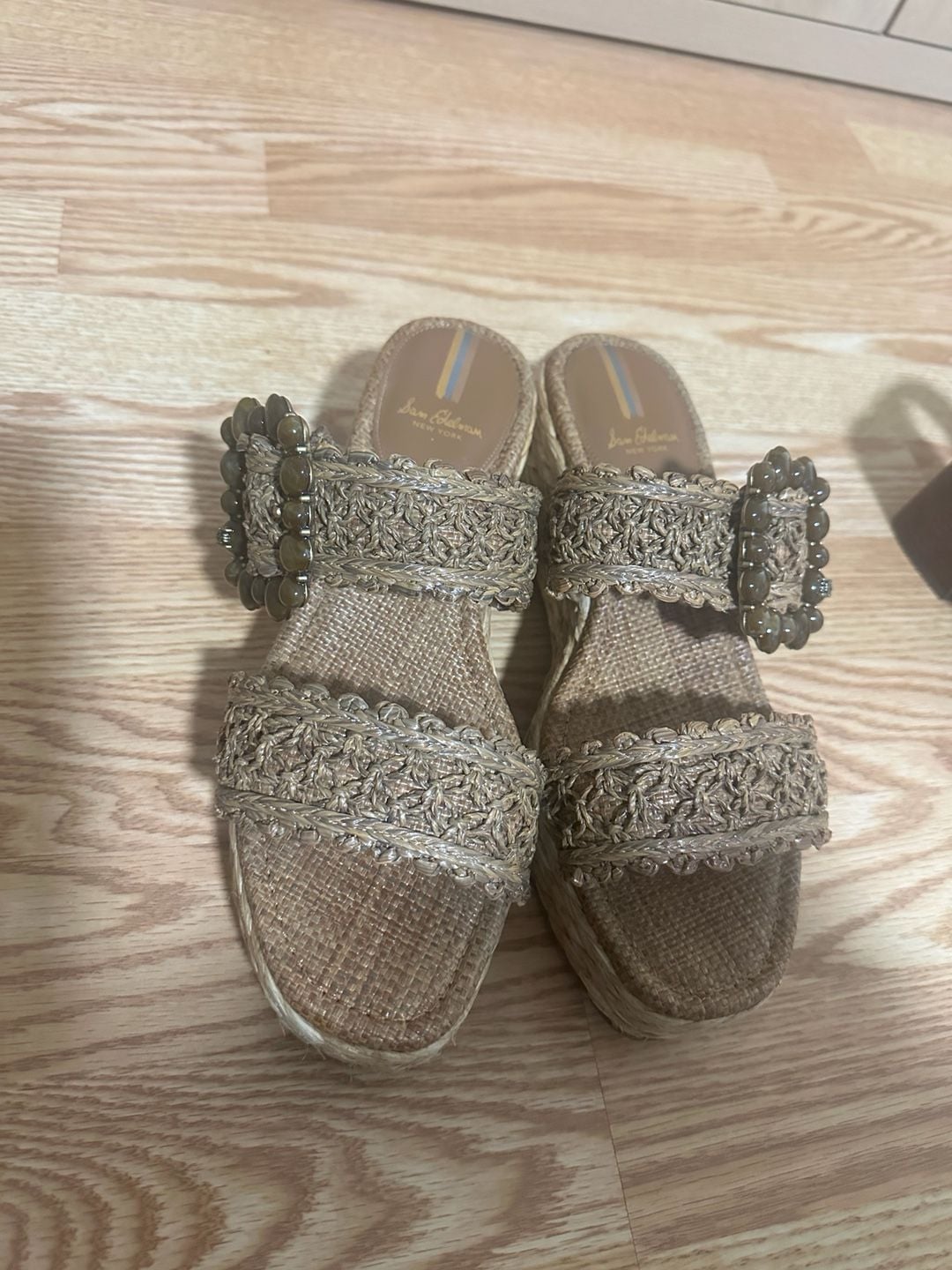 Sam Edelman Cadance Cuoio Raffia Open Toe Embellished Wedge Heeled Sandals (Cuoio Raffia, 11) - .com, 3