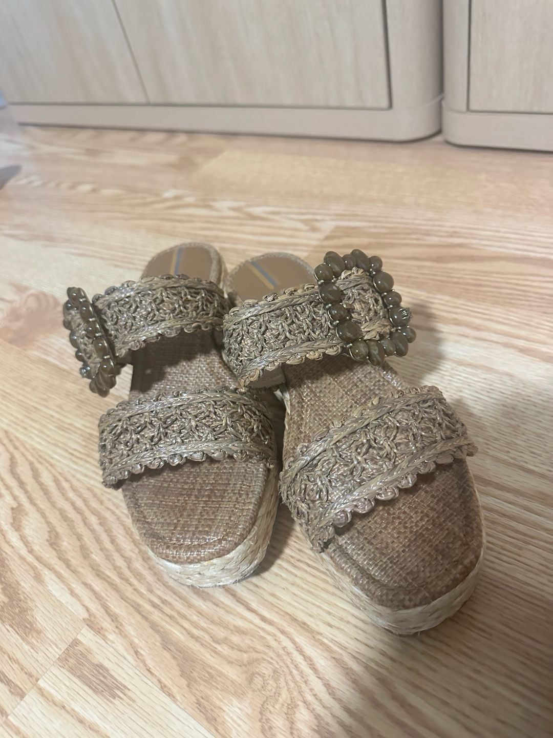 Sam Edelman Cadance Cuoio Raffia Open Toe Embellished Wedge Heeled Sandals (Cuoio Raffia, 11) - .com, 5