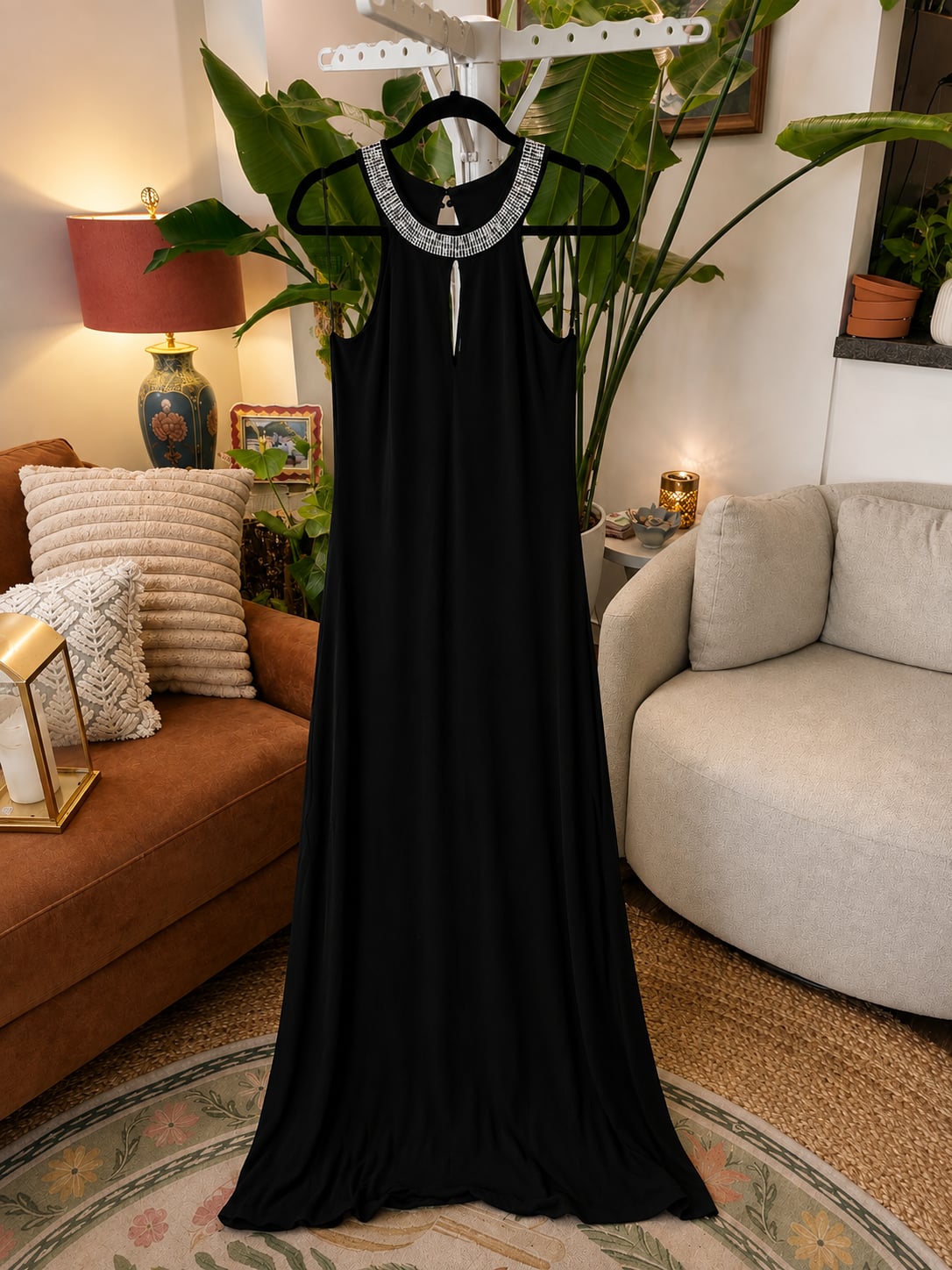 Renn Black Halter Neck Embellished Rhinestone Long Maxi Dress 2