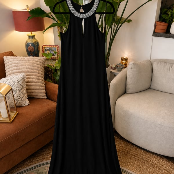 Renn Black Halter Neck Embellished Rhinestone Long Maxi Dress