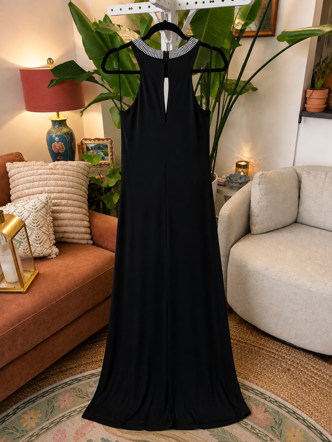 Renn Black Halter Neck Embellished Rhinestone Long Maxi Dress 3