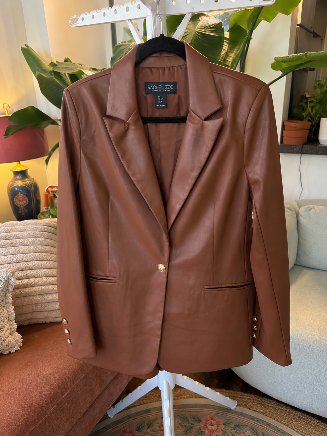 Rachel Zoe Faux Leather Brown Blazer Jacket with Gold Buttons Size M 2