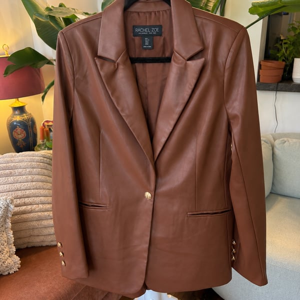 Rachel Zoe Faux Leather Brown Blazer Jacket with Gold Buttons Size M