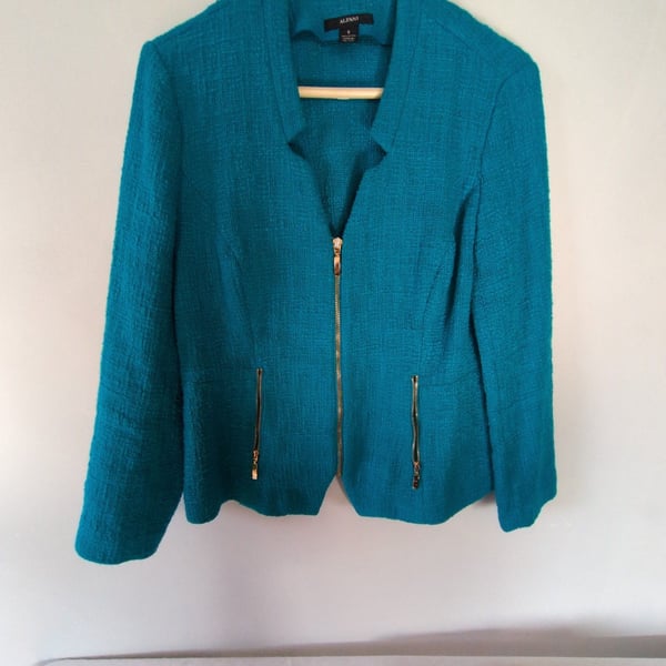 Alfani Women's Turquoise Teal 100% Cotton Zip Front Boucle Jacket Blazer Size 8