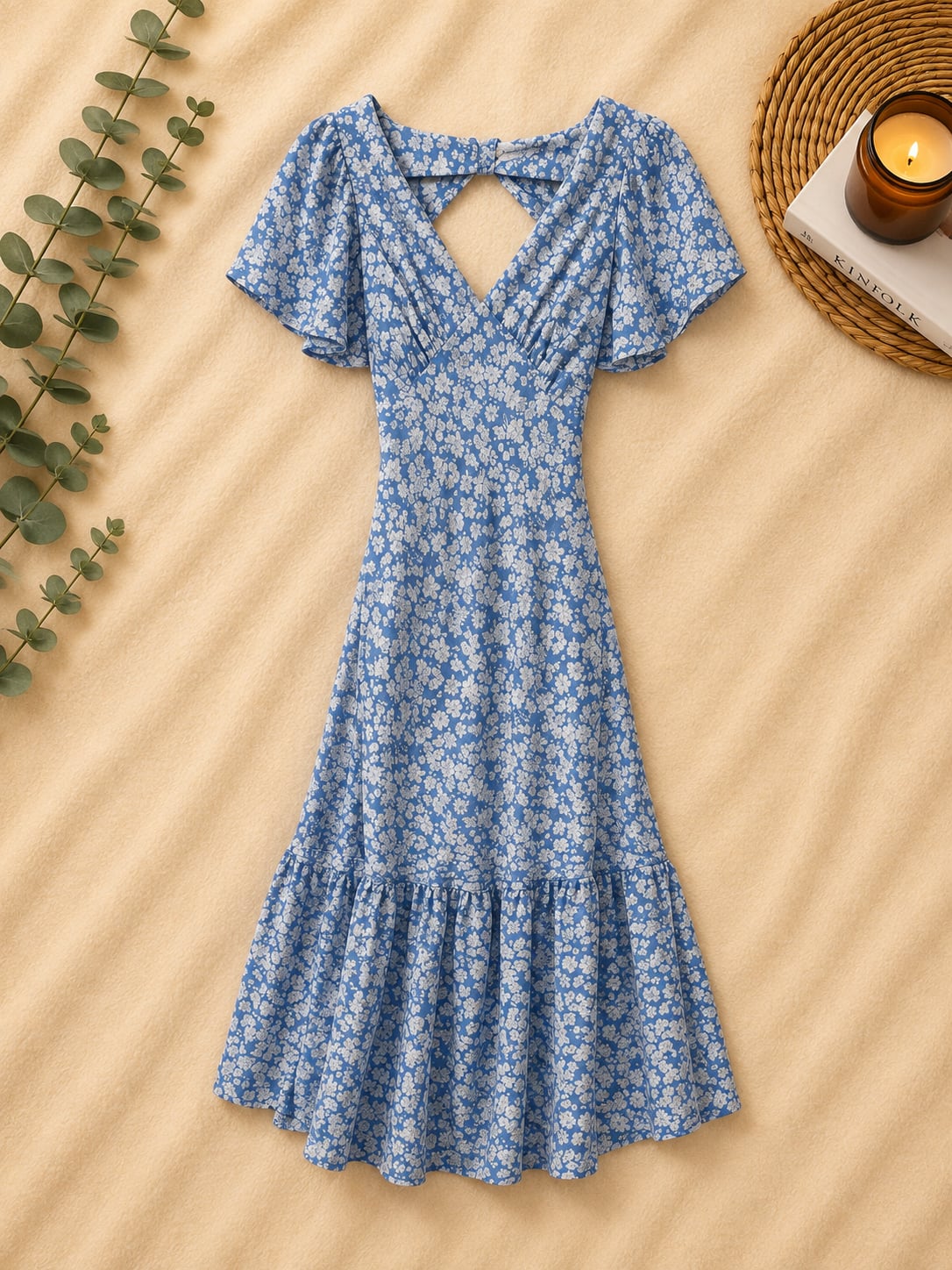 Altar'd State Bella Rosa Blue Ivory Floral Flutter Sleeve Midi Dress XS 2