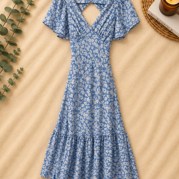 Altar'd State Bella Rosa Blue Ivory Floral Flutter Sleeve Midi Dress XS